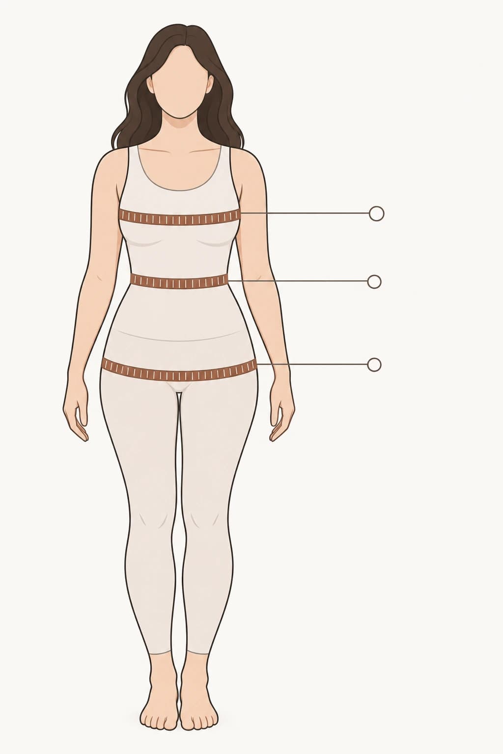 Illustration of a woman standing with three measuring tapes: around the fullest part of the bust, the natural waist, and the fullest part of the hips.