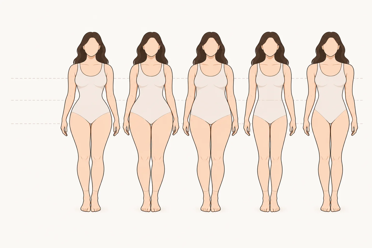Five women of the same height standing side by side, from left to right: hourglass, pear, apple, rectangle and inverted triangle body shapes, with dashed lines marking bust, waist and hip level.